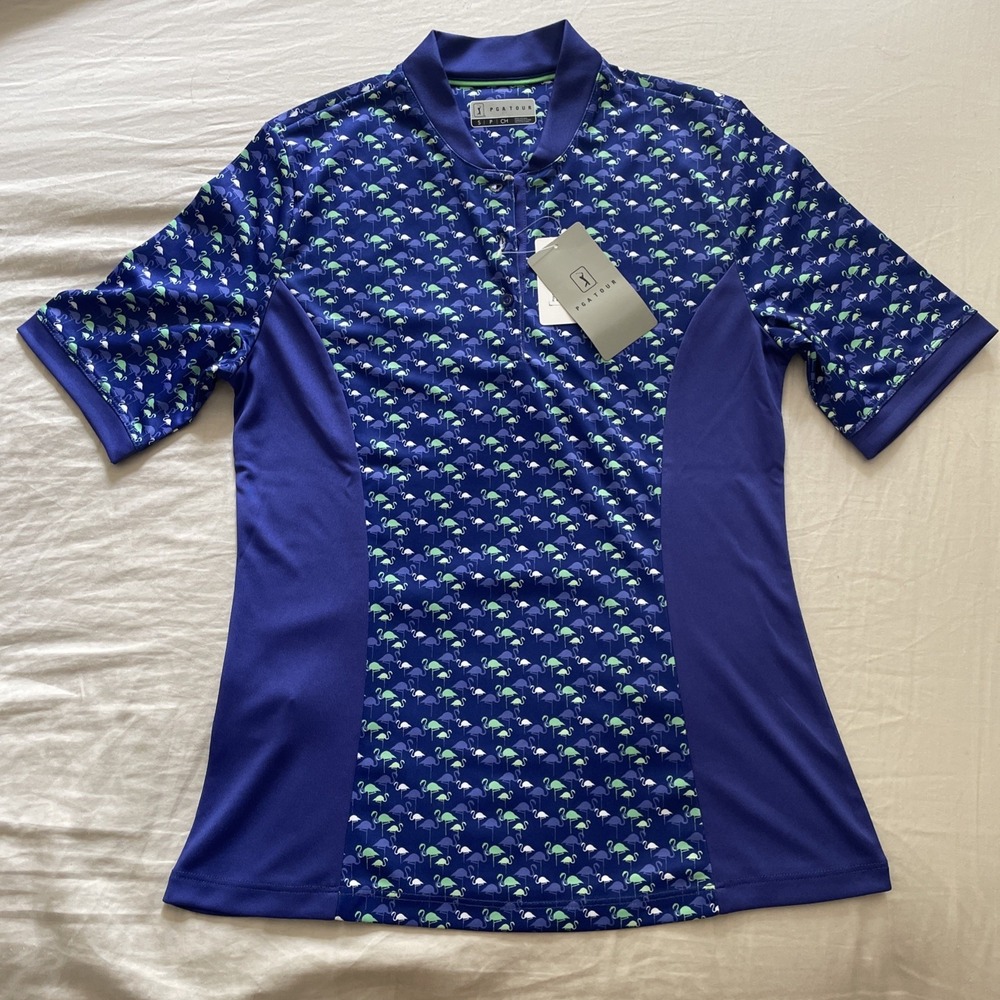PGA‎ TOUR Women Flamingo Print Golf Polo Shirt Blue Green Short Sleeve Small NWT
